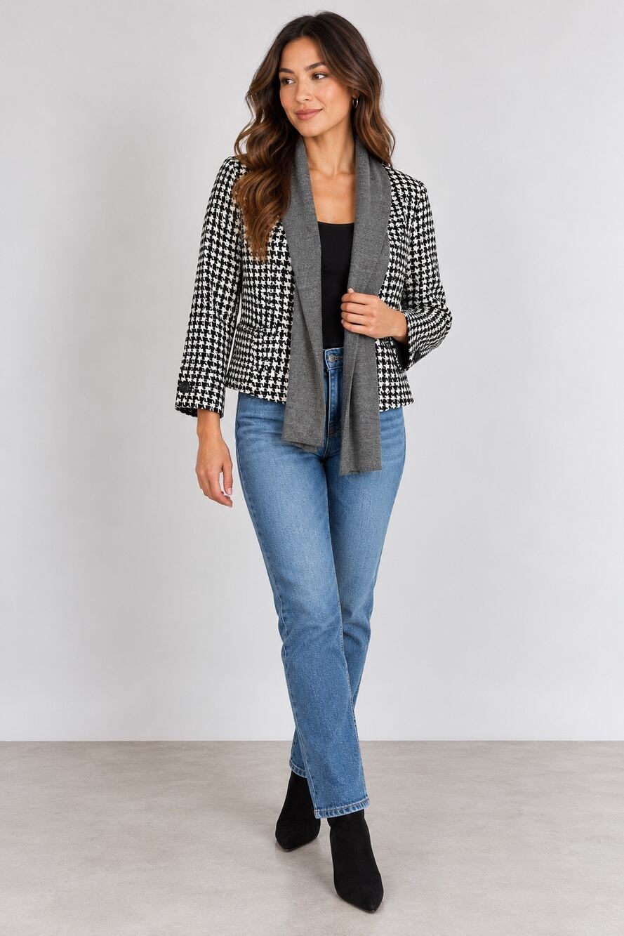 CAbi Womens Suit Jacket Houndstooth Open Front Styl 3904 Black White Gray Small